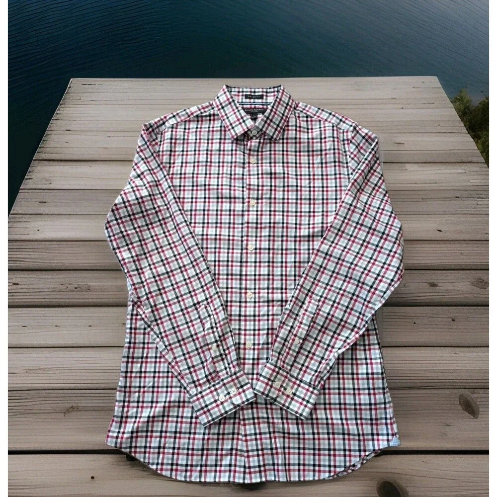 BANANA REPUBLIC SHIRT MENS SIZE LARGE GRANT FIT SLIM RED WHITE BLACK PLAID EUC